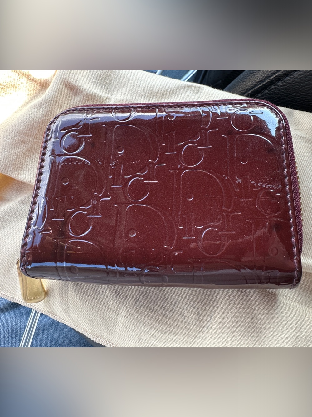 Christian Dior Patent Credit Card Zip Wallet- Deep Burgundy with purple interior